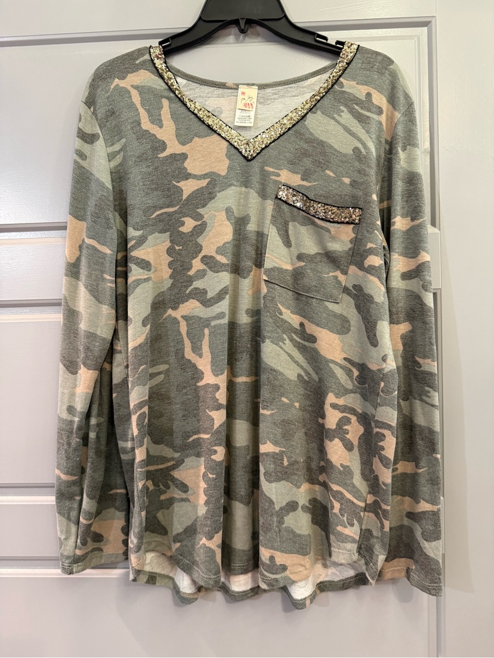 7th Ray Camo Long-Sleeve V-Neck Top with Sequin Trim